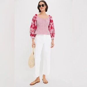 Tuckernuck Red and White Stripe Quinn Blouse Floral Applique Size Large